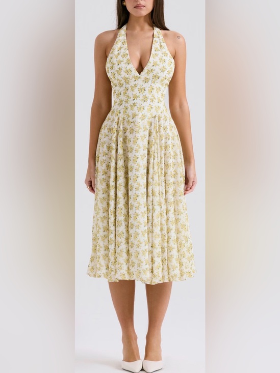 House of CB Dresses & Skirts - NEW HOUSE OF CB SOLADA Ivory Vintage Floral Print Georgette Halter Sz XL L+